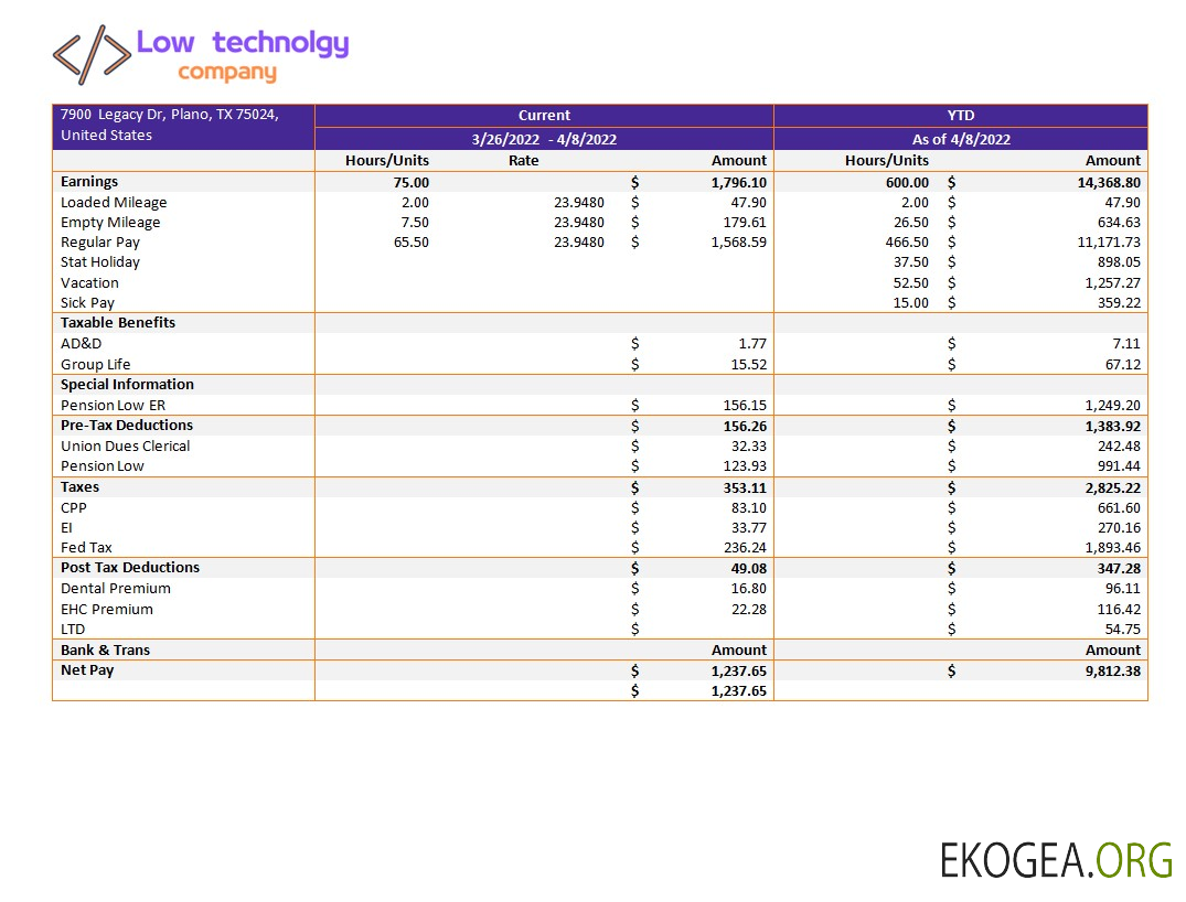 modèle de bulletin de paie pour entreprise de faible technologie aux formats Word et PDF